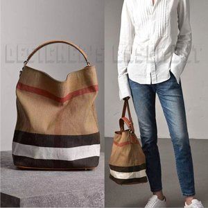 BURBERRY brown leather trim medium ASHBY beige CANVAS CHECK convertible Tote bag